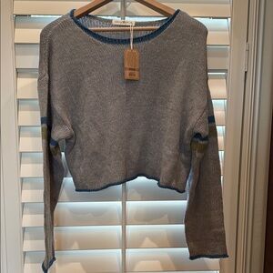 Natural Life Cropped Sweater with Blue Trim